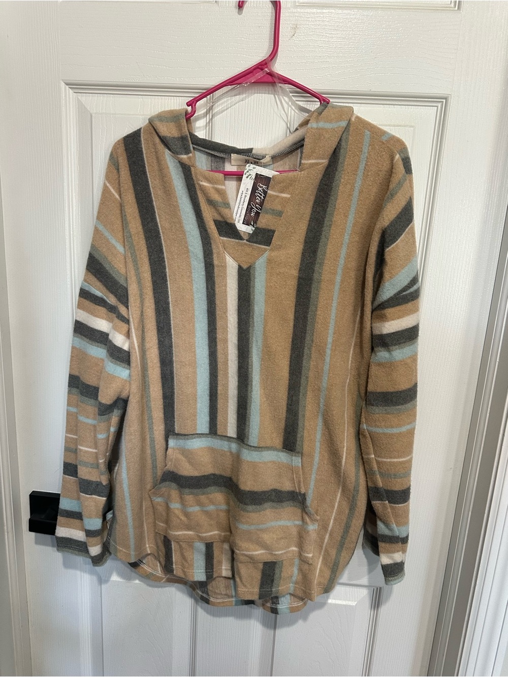 Striped Hooded Pullover in Camel, Gray & Light Blue - Women's